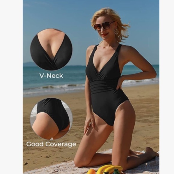 Summermae NWT one piece swimsuit V neck tummy control cross strappy back - Picture 4 of 16